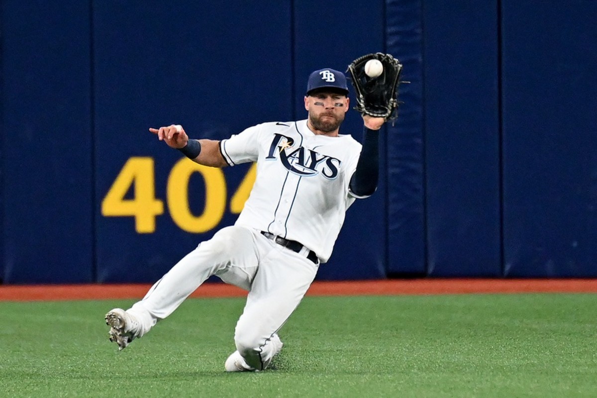 Tampa Bay outfielder Kevin Kiermaier slides to make a catch during a game at Tropicana Field. (Kim Klement/USA TODAY Sports)