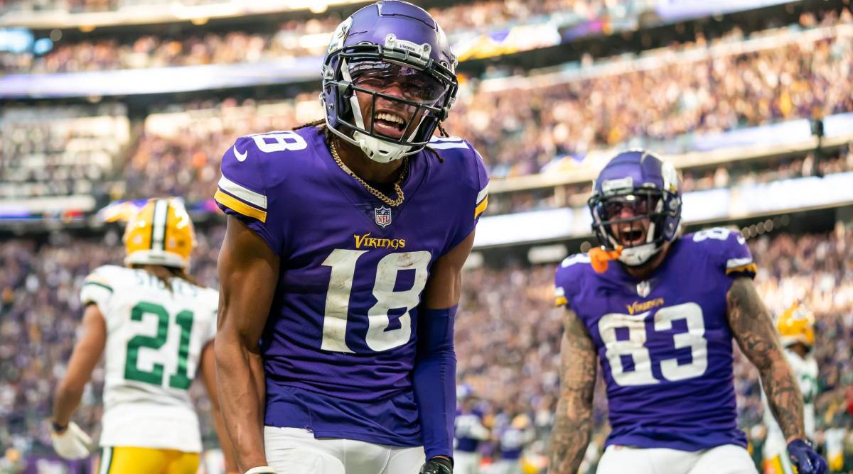 Vikings wide receiver celebrates a touchdown.