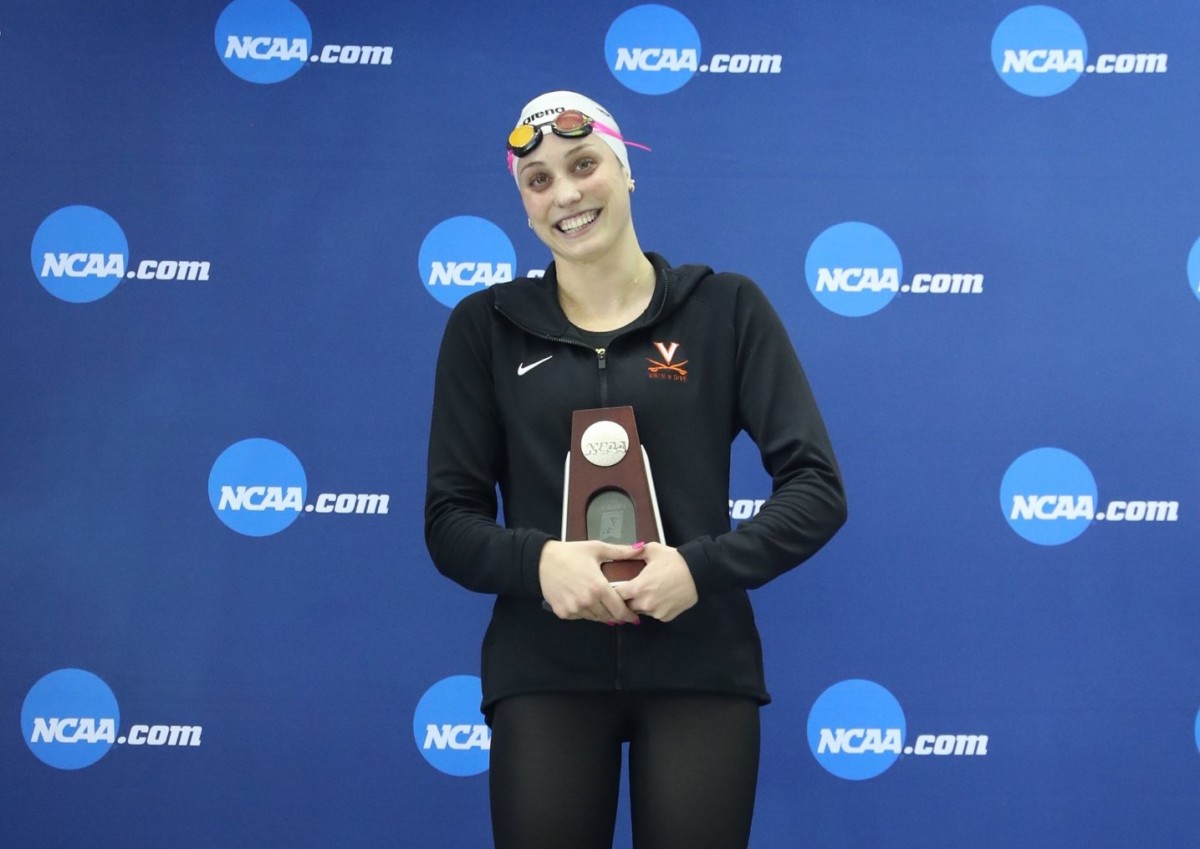 Virginia Cavaliers Emma Weyant holds a trophy after finishing second in the 500 free at the NCAA Womens Swimming & Diving Championships at Georgia Tech.