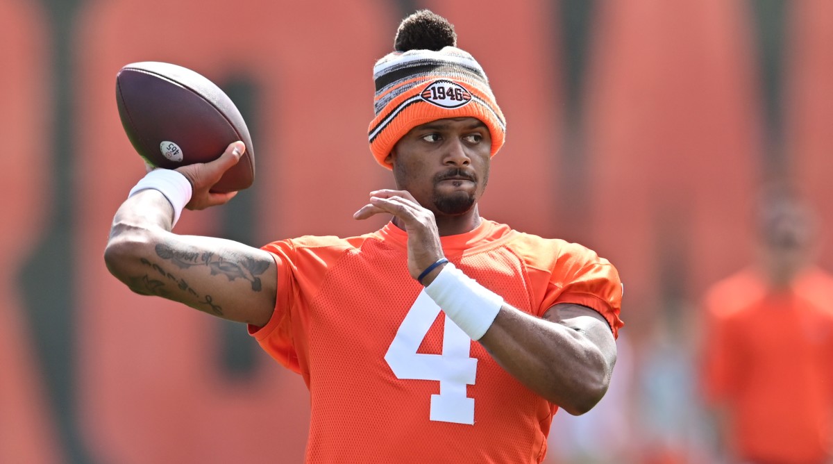 Browns quarterback Deshaun Watson attempts a pass during an OTA workout.