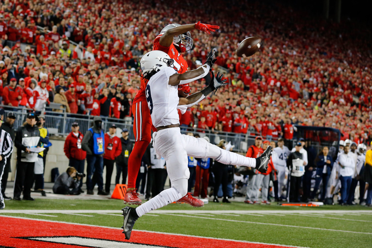 Penn State Nittany Lions cornerback Joey Porter Jr. (9) breaks up the pass intended for Ohio State Buckeyes wide receiver Garrett Wilson (5) during the third quarter at Ohio Stadium.