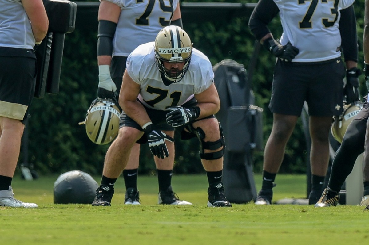New Orleans Saints tackle Ryan Ramczyk (71) performs offensive line drills during a practice session at the Saints Training Facility. Mandatory Credit: Stephen Lew-USA TODAY 