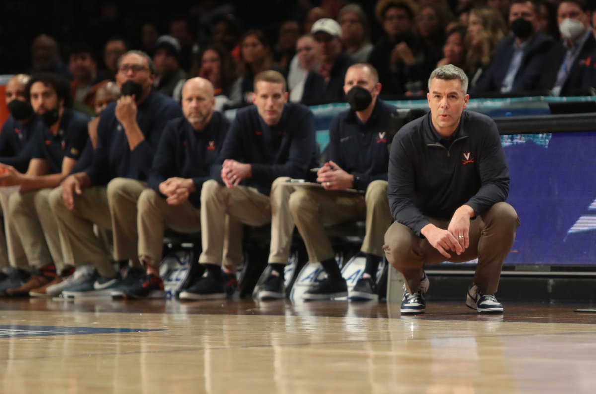 Tony Bennett and Virginia Cavaliers men's basketball coaching staff at the 2022 ACC Men's Basketball Tournament in Brooklyn, New York.