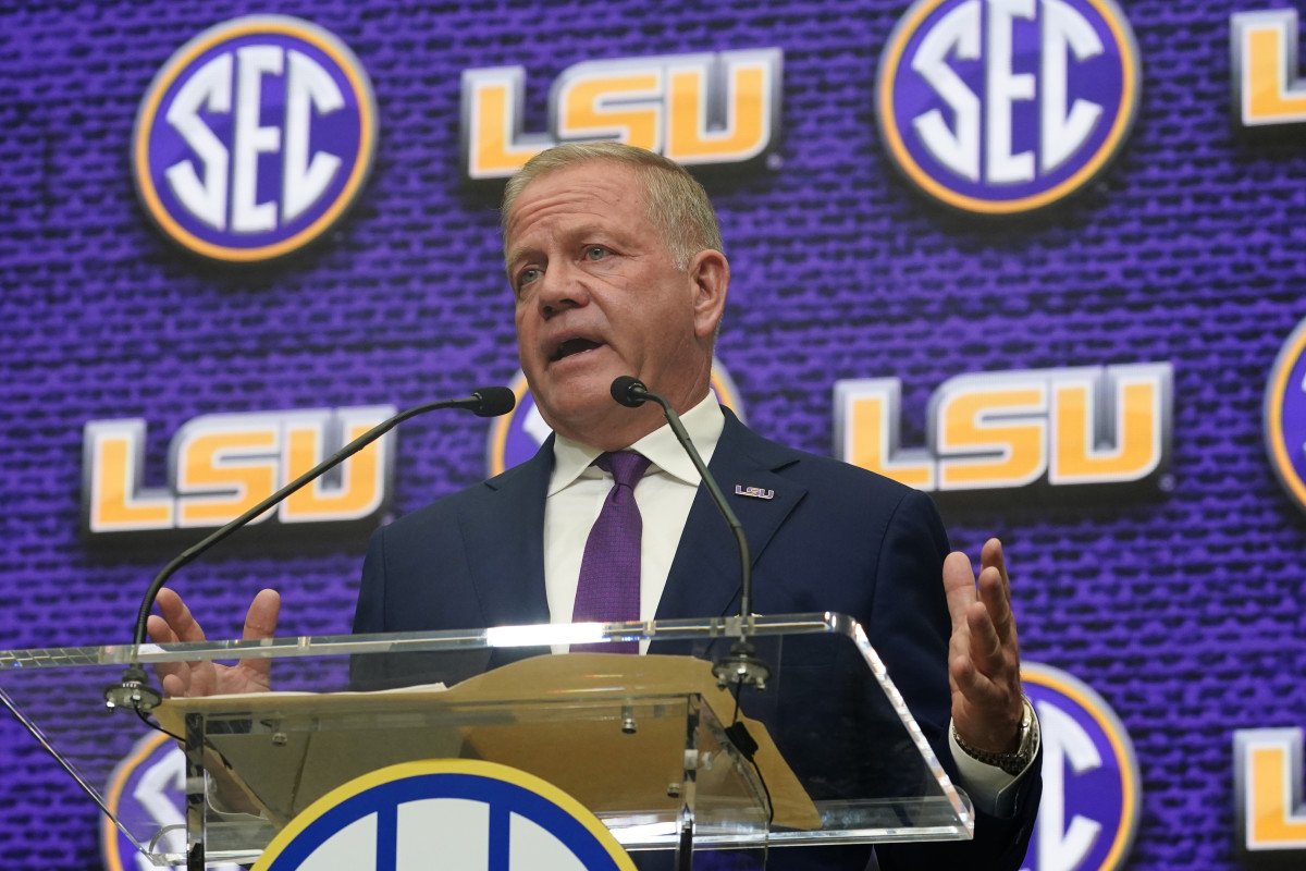 Brian Kelly speaks to reporters at his first SEC Media Days appearance.