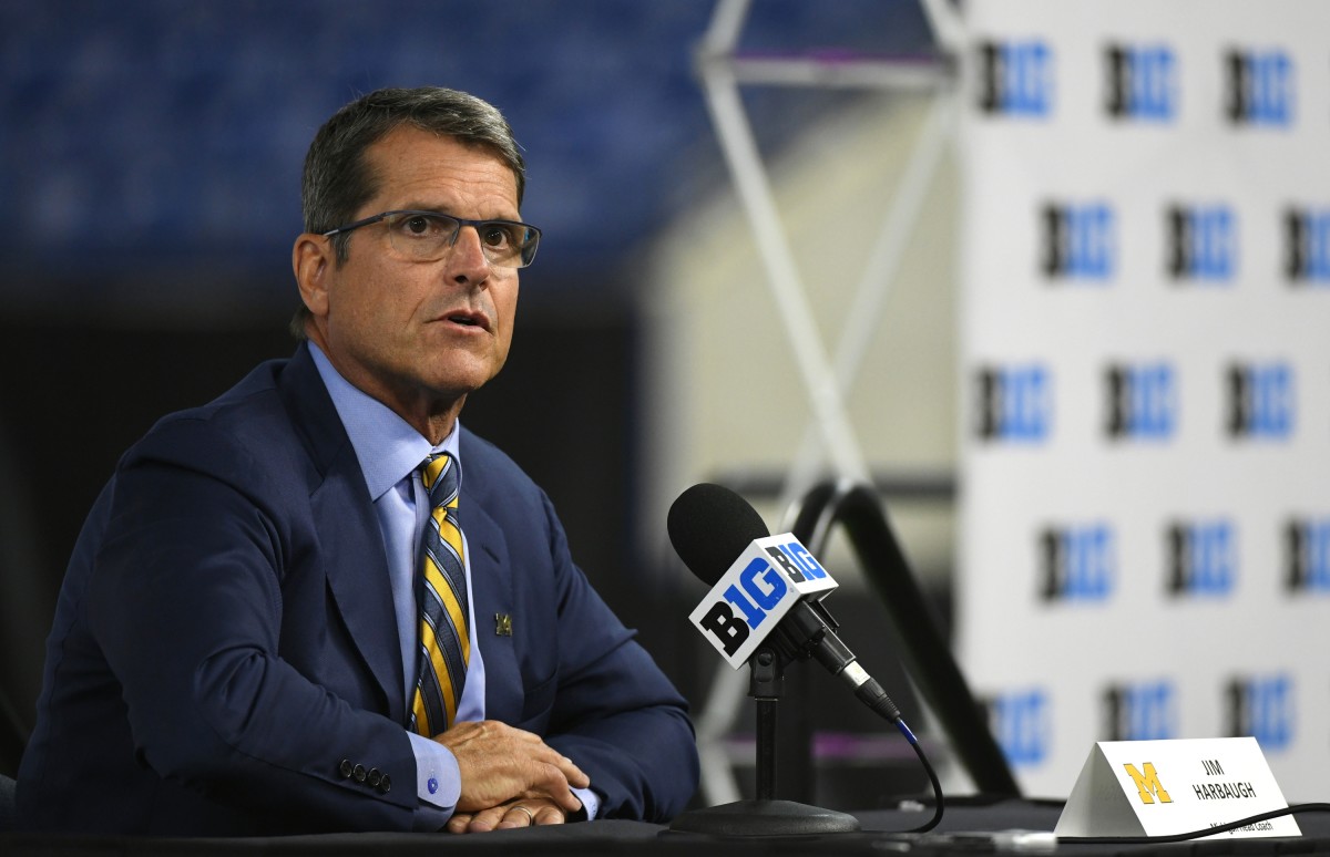 Jul 22, 2021; Indianapolis, Indiana, USA; Michigan Wolverines head coach Jim Harbaugh speaks to the media during Big Ten media days at Lucas Oil Stadium.