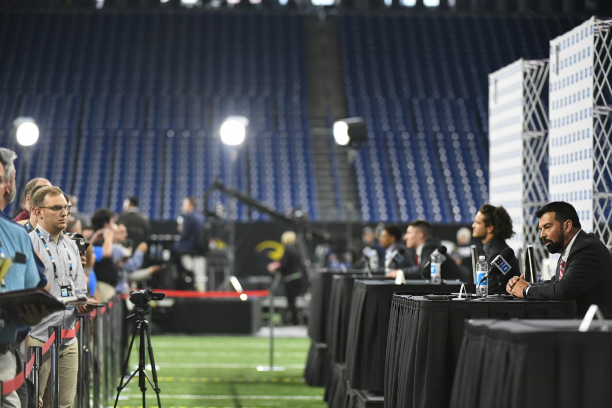 Jul 23, 2021; Indianapolis, Indiana, USA; Ohio State Buckeyes head coach Ryan Day speaks to the media during Big Ten media days at Lucas Oil Stadium.