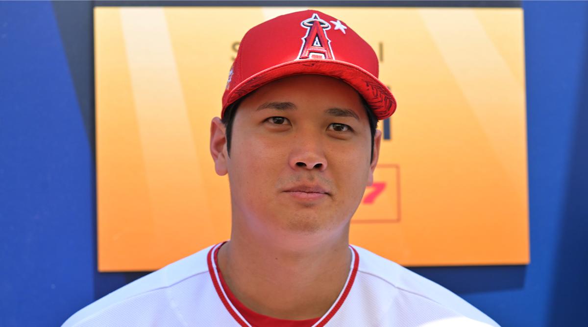Jul 18, 2022; Los Angeles, CA, USA; Los Angeles Angels starting pitcher/designated hitter Shohei Ohtani (17) talks to reporters during All Star-Media Day at Dodger Stadium.
