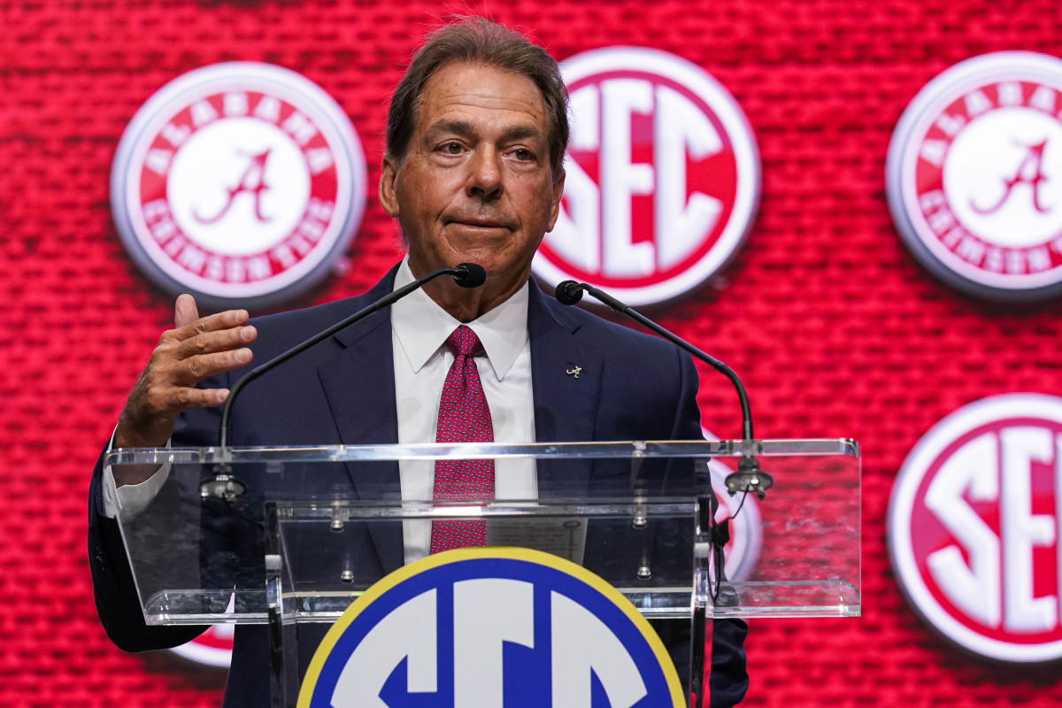 Alabama head coach Nick Saban speaks on the stage during the SEC Media Days at the College Football Hall of Fame.