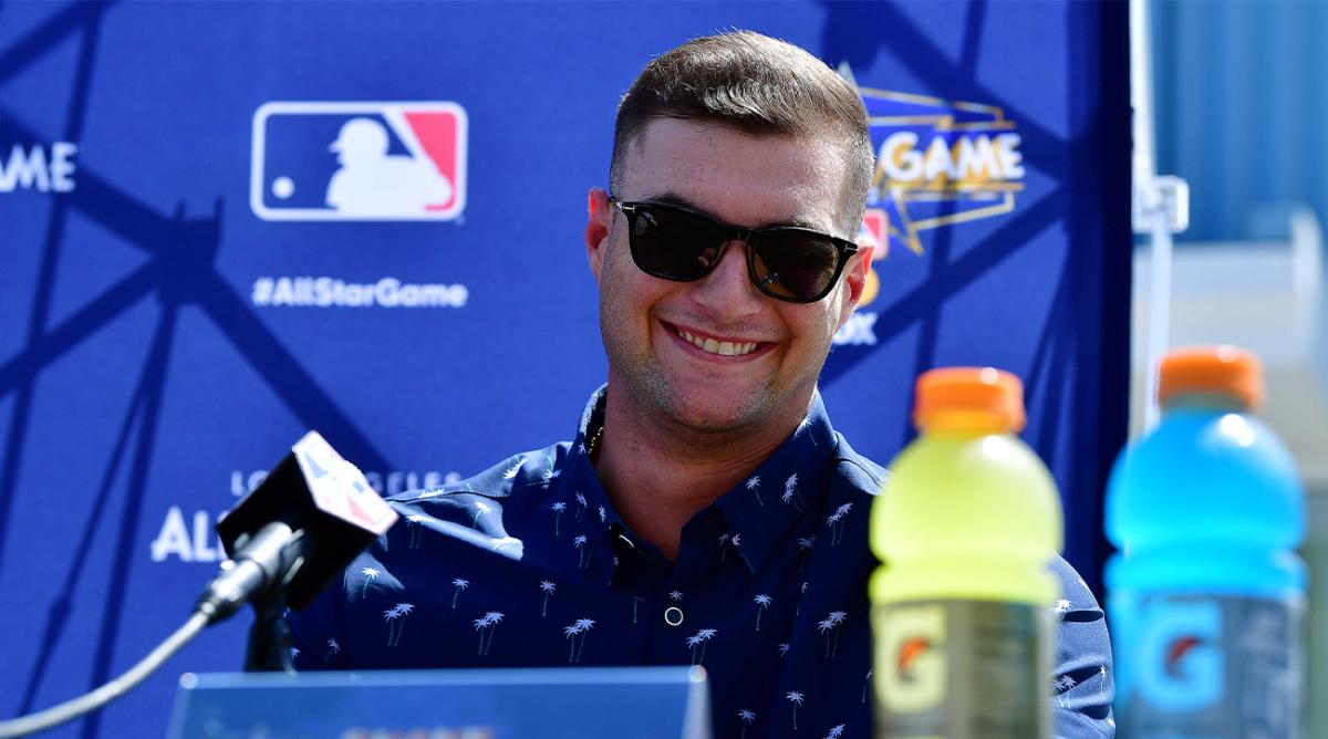 Jul 18, 2022; Los Angeles, CA, USA; Tampa Bay Rays pitcher Shane McClanahan during media availabilities at Dodger Stadium.