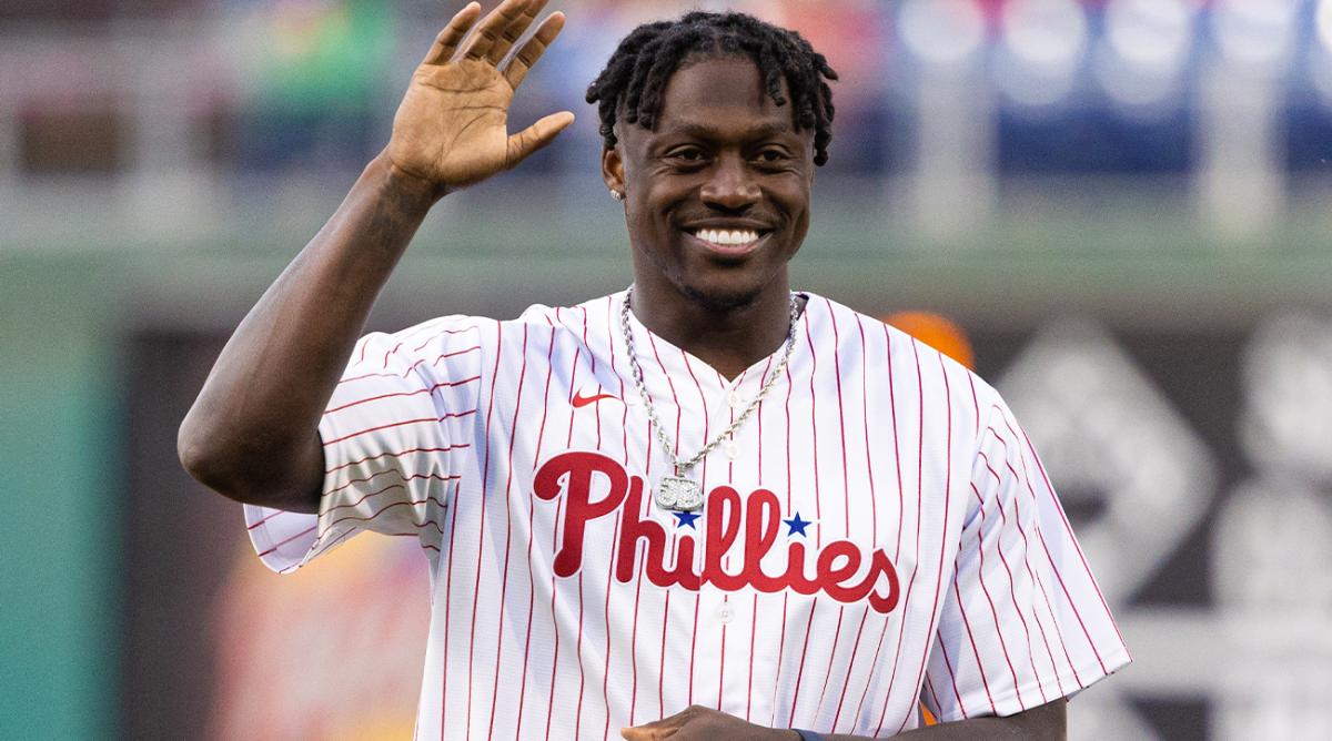 May 3, 2022; Philadelphia, Pennsylvania, USA; Philadelphia Eagles wide receiver A. J. Brown throws out a first pitch before a game between the Philadelphia Phillies and the Texas Rangers at Citizens Bank Park.
