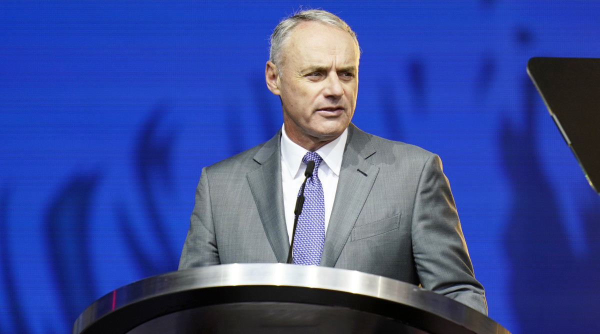 MLB Commissioner Rob Manfred speaks during the 2022 MLB baseball draft, Sunday, July 17, 2022, in Los Angeles.