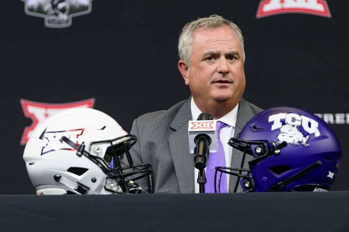 Jul 14, 2022; Arlington, TX, USA; TCU Horned Frogs head coach Sonny Dykes is interviewed during the Big 12 Media Day at AT&T Stadium.