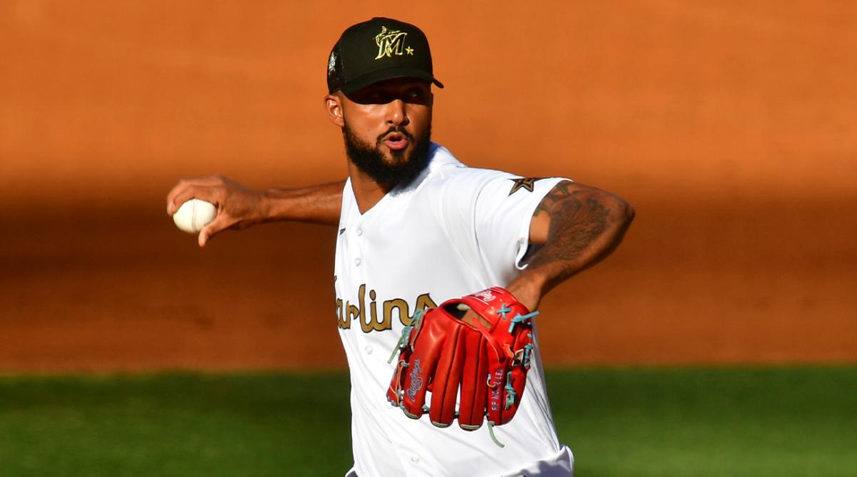 Jul 19, 2022; Los Angeles, California, USA; National League pitcher Sandy Alcantara (22) of the Miami Marlins pitches against the American League during the second inning of the 2022 MLB All Star Game at Dodger Stadium.