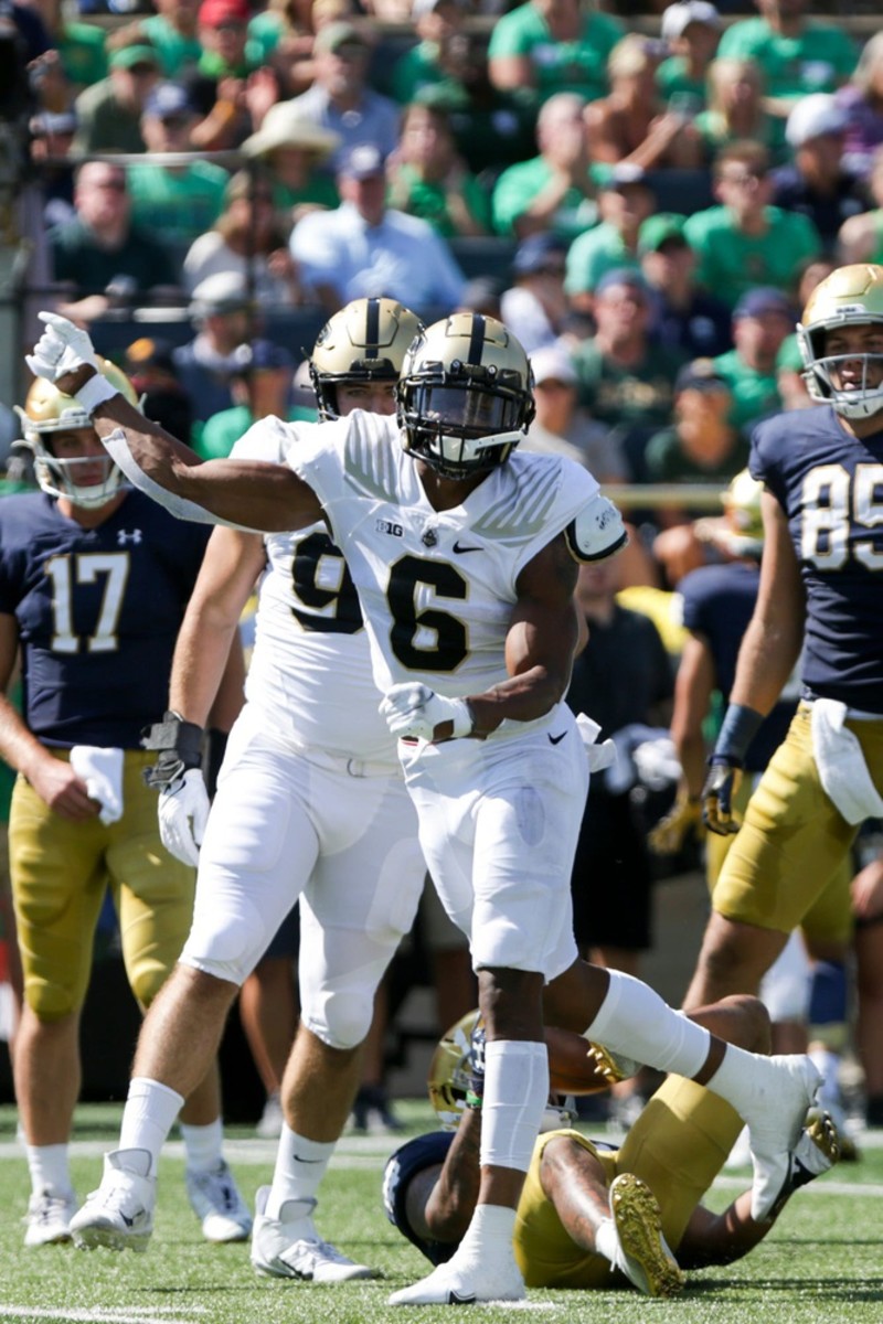 Purdue linebacker Jalen Graham (6) celebrates a stop during the first quarter of an NCAA football game, Saturday, Sept. 18, 2021, at Notre Dame Stadium in South Bend.