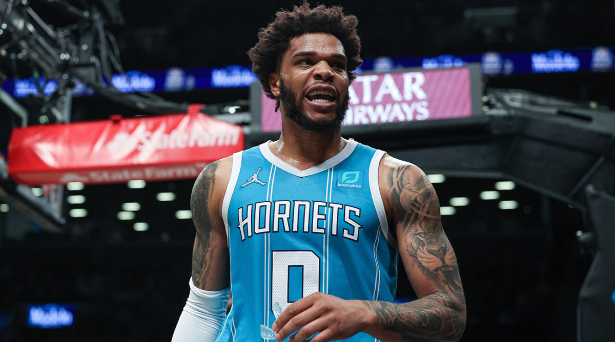 Hornets forward Miles Bridges (0) reacts after being fouled during the first half against the Nets at the Barclays Center.