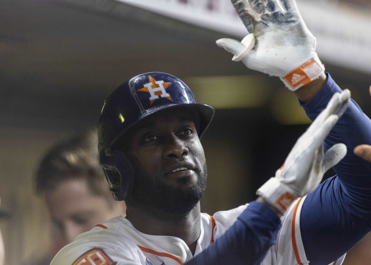 Houston Astros left fielder Yordan Alvarez (44) celebrates his home run against the Kansas City Royals in the eighth inning at Minute Maid Park. (Thomas Shea-USA TODAY Sports)
