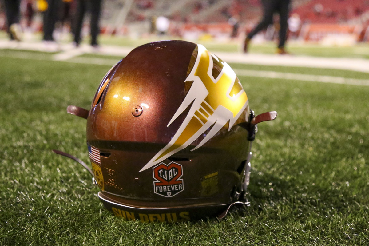A general view of the helmet worn by the Arizona State Sun Devils during their game with the Utah Utes at Rice-Eccles Stadium.