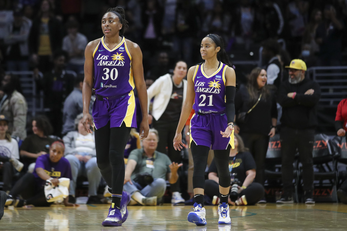 Forward Nneka Ogwumike #30 and guard Jordin Canada #21 of the Los Angeles Sparks react after failing to score in the final seconds of the game and losing to the Minnesota Lynx at Crypto.com Arena on May 17, 2022 in Los Angeles, California.