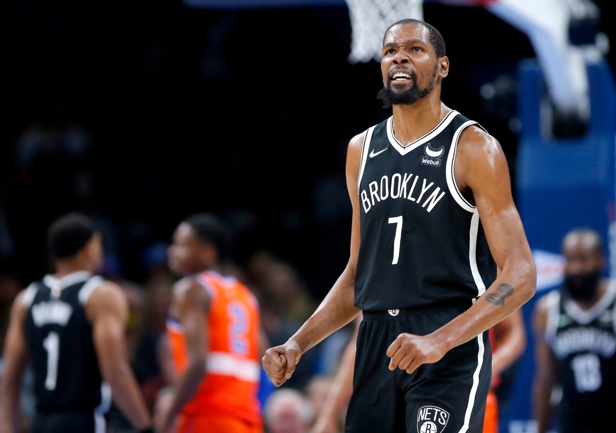 Nets forward Kevin Durant (7) reacts after a play against the Thunder during Brooklyn's 120-96 win on Nov. 14, 2021, at Paycom Center. cutout