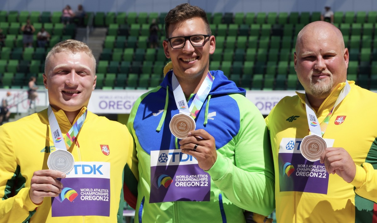 Discus medalists Mykolas Alekna, Kristjan Čeh and Andrius Gudzius
