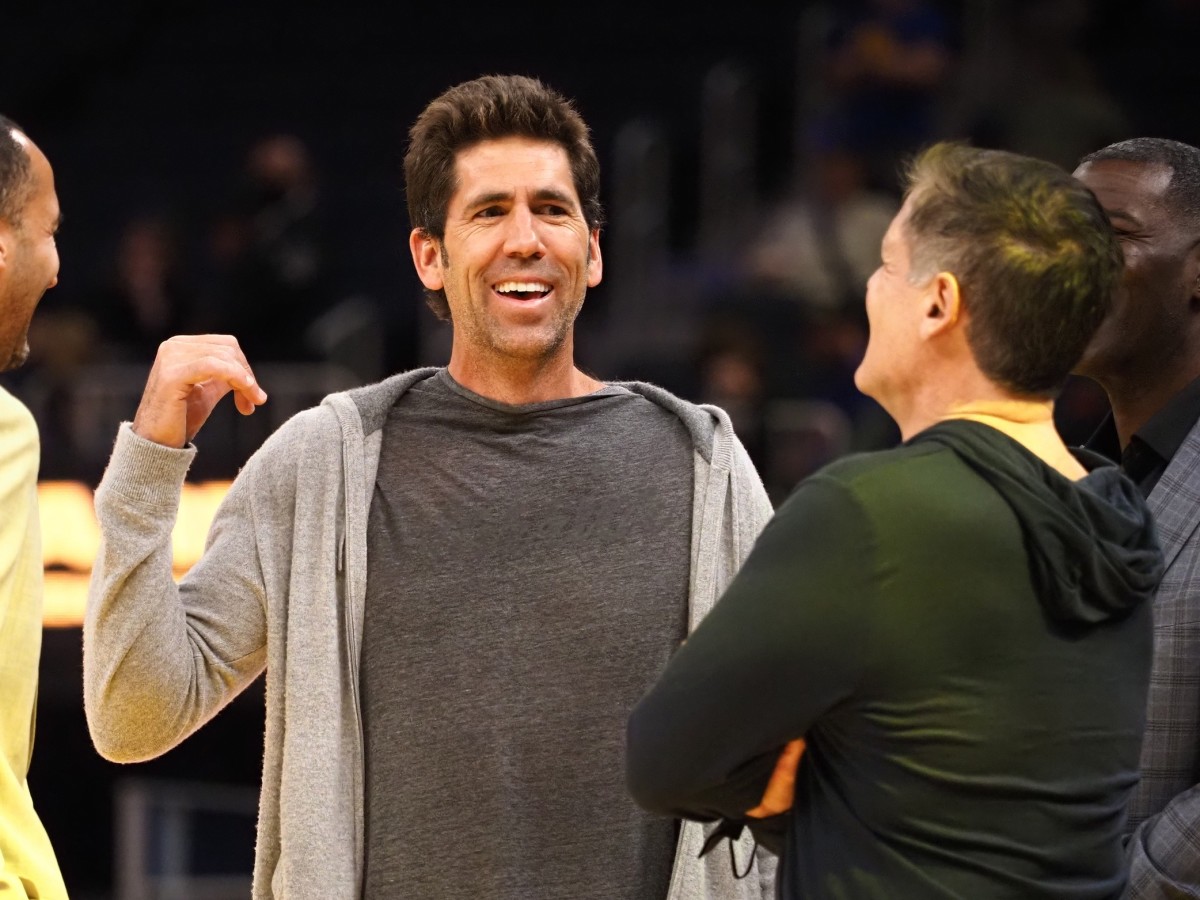Feb 27, 2022; San Francisco, California, USA; Golden State Warriors general manager Bob Myers speaks with Dallas Mavericks majority owner Mark Cuban before the game at Chase Center. Mandatory Credit: Kelley L Cox-USA TODAY Sports