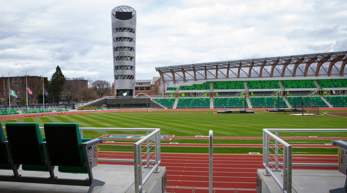 The Hayward Field Tower at the iconic Oregon track and field stadium.