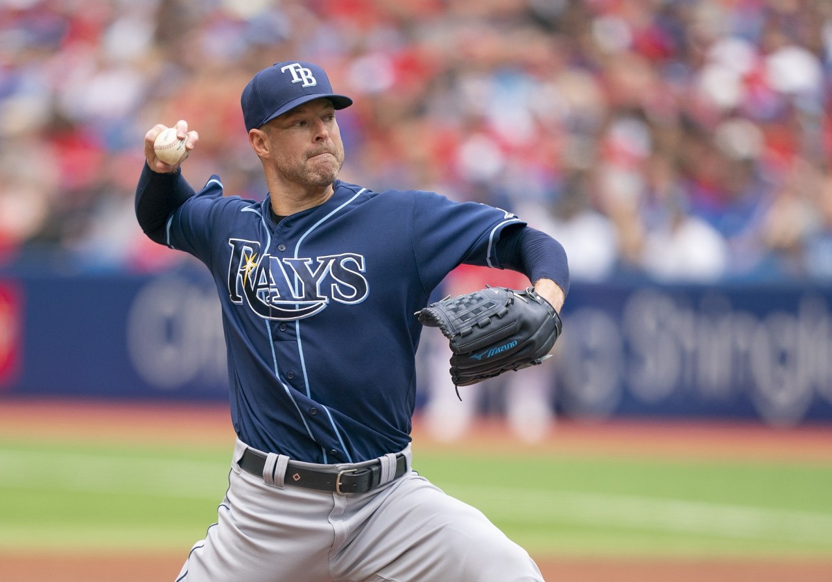Corey Kluber pitching for Tampa Bay Rays