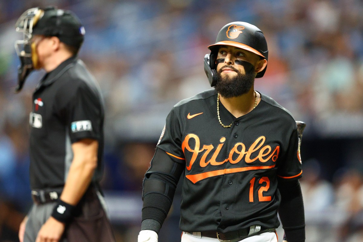 Baltimore Orioles 2B Rougned Odor reacts to strikeout