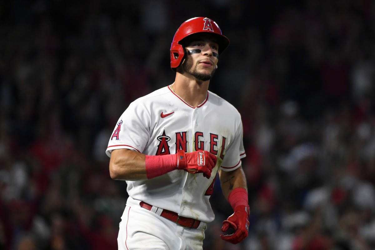 Los Angeles Angels SS Andrew Velazquez reacts to hitting home run