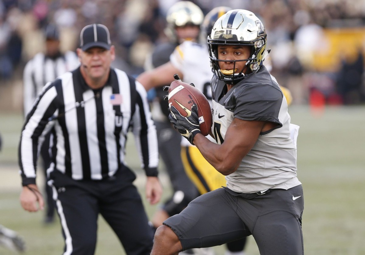 Rondale Moore of Purdue with a first-half pass reception against Iowa Saturday, November 3, 2018, at Ross-Ade Stadium.