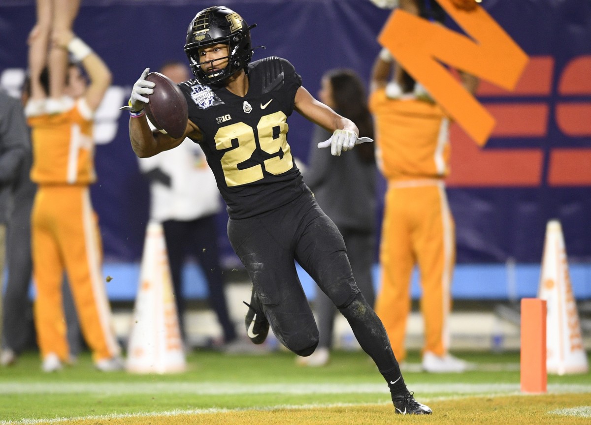 Dec 30, 2021; Nashville, TN, USA; Purdue Boilermakers wide receiver Broc Thompson (29) scores against the Tennessee Volunteers during the second half at Nissan Stadium.