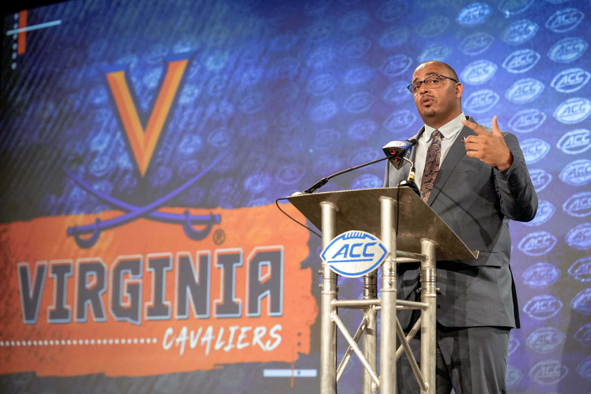 Virginia Head Coach Tony Elliott talks to the media during the second day of ACC Media Days at the Westin Hotel in Charlotte, NC.