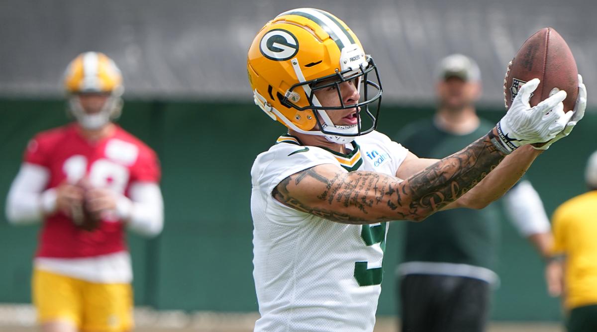 May 31, 2022; Green Bay, WI, USA; Green Bay Packers player Christian Watson during organized team activities (OTA) Tuesday, May 31, 2022 in Green Bay, Wis.