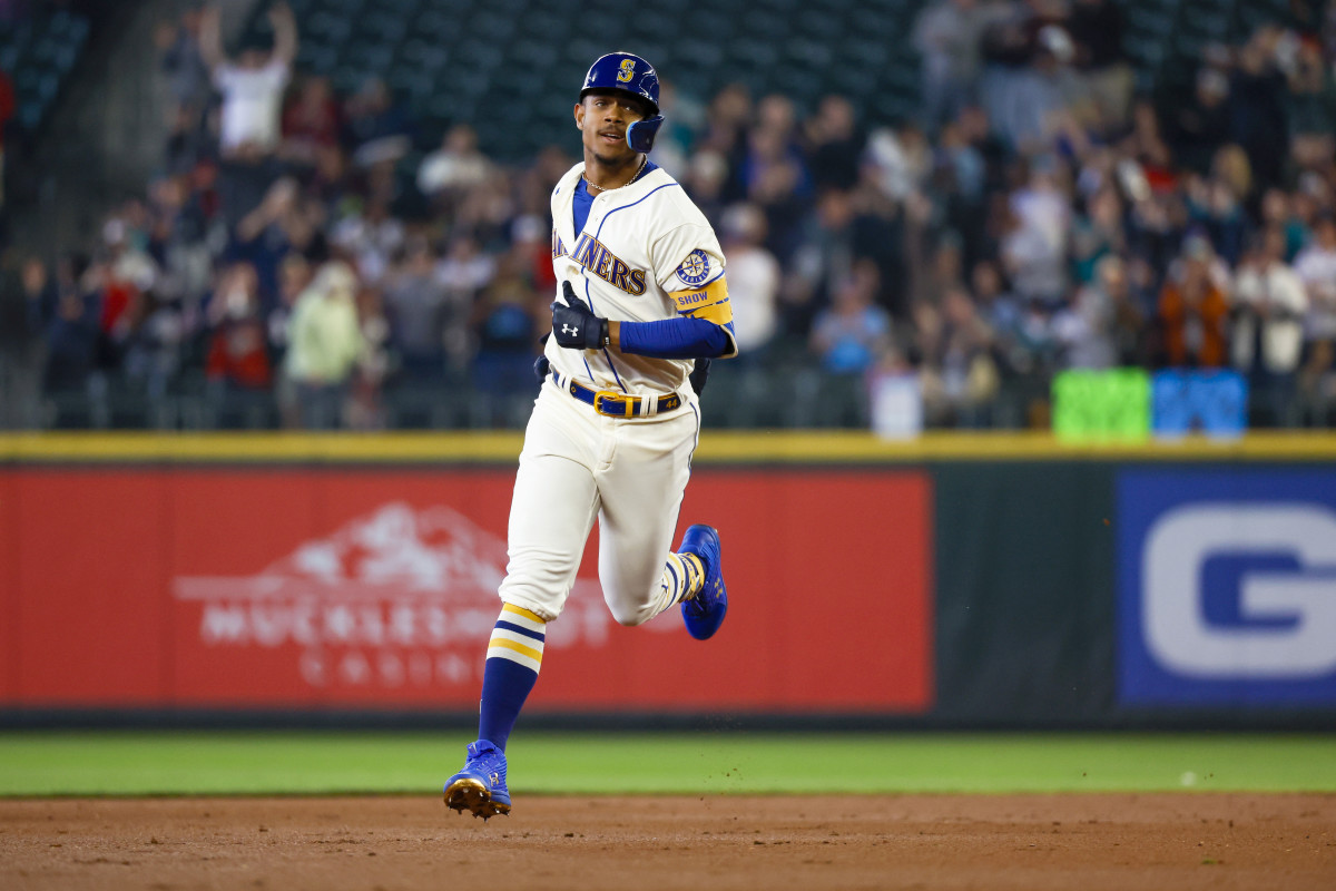 Jul 3, 2022; Seattle, Washington, USA; Seattle Mariners center fielder Julio Rodriguez (44) runs the bases after hitting a solo-home run against the Oakland Athletics during the first inning at T-Mobile Park.