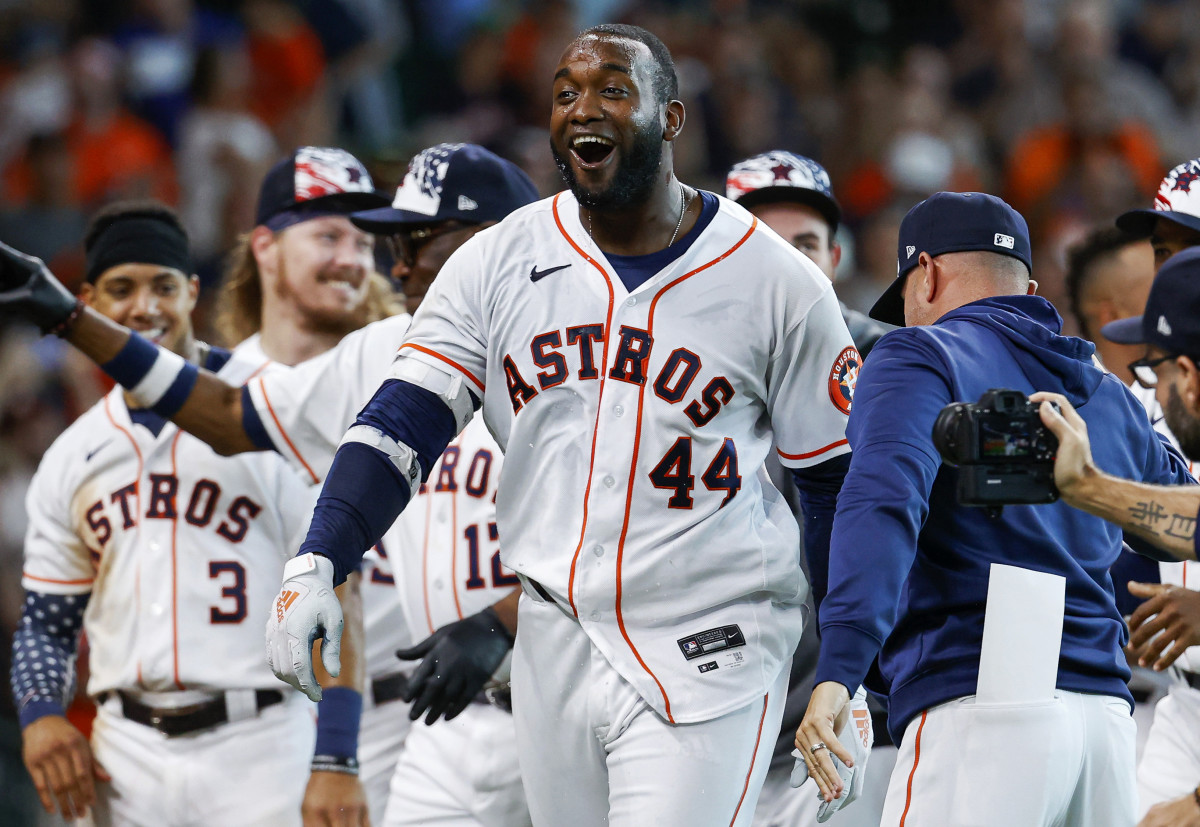 Jul 4, 2022; Houston, Texas, USA; Houston Astros designated hitter Yordan Alvarez (44) celebrates after hitting a walk-off home run during the ninth inning against the Kansas City Royals at Minute Maid Park.