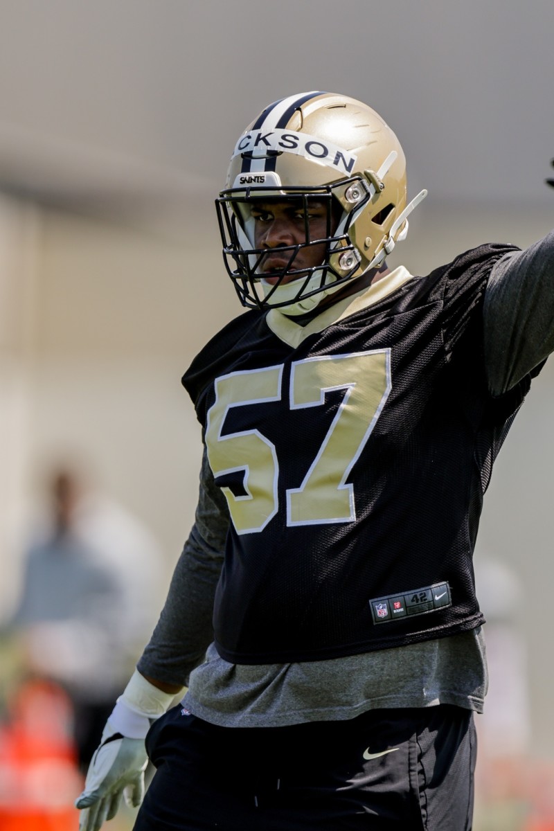 New Orleans Saints defensive tackle Jordan Jackson (57) during rookie camp at the Saints Training Facility. Mandatory Credit: Stephen Lew-USA TODAY Sports