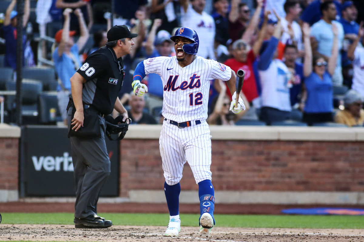 Jul 9, 2022; New York City, New York, USA;  New York Mets shortstop Francisco Lindor (12) reacts after hitting a two run home run in the sixth inning against the Miami Marlins at Citi Field.