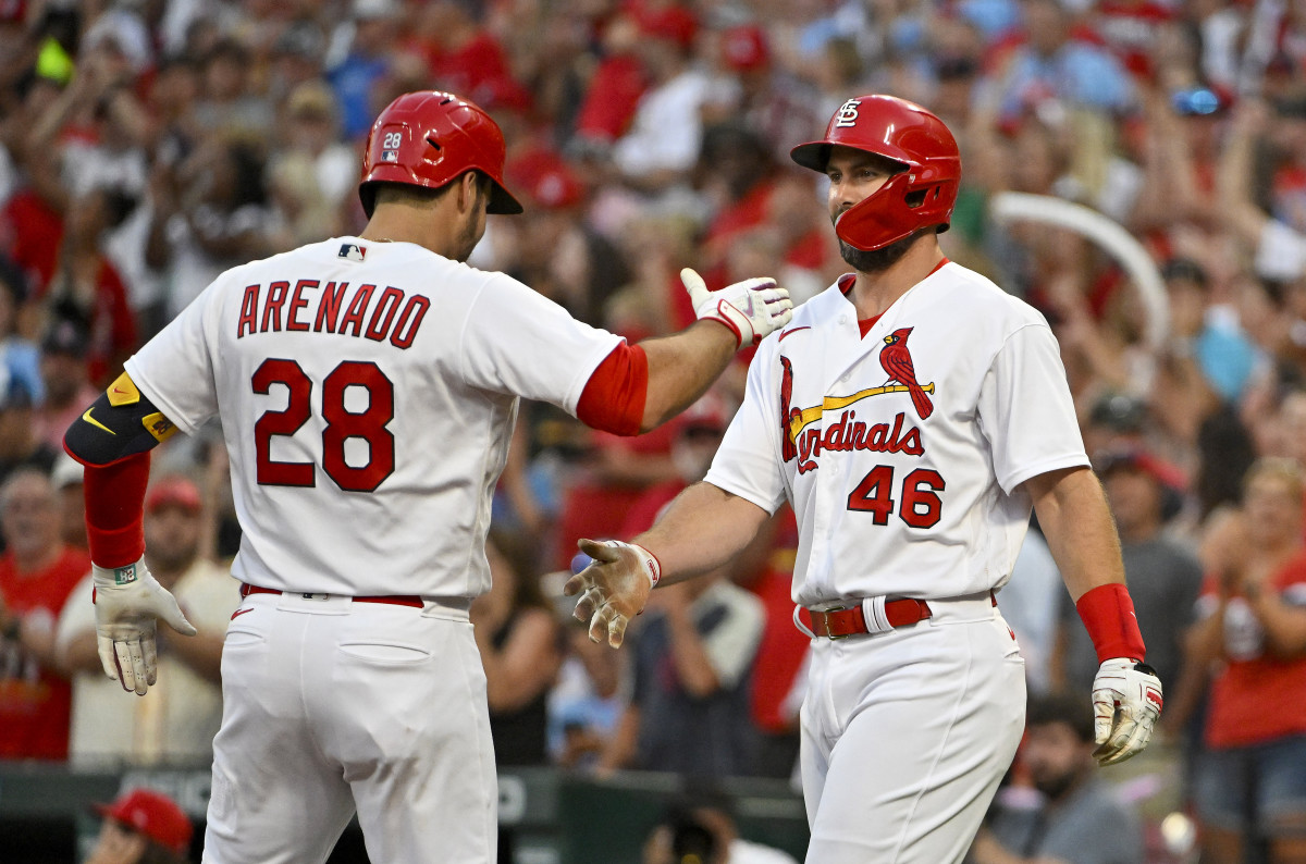 Jul 13, 2022; St. Louis, Missouri, USA;  St. Louis Cardinals third baseman Nolan Arenado (28) celebrates with first baseman Paul Goldschmidt (46) after hitting a two run home run against the Los Angeles Dodgers during the third inning at Busch Stadium.