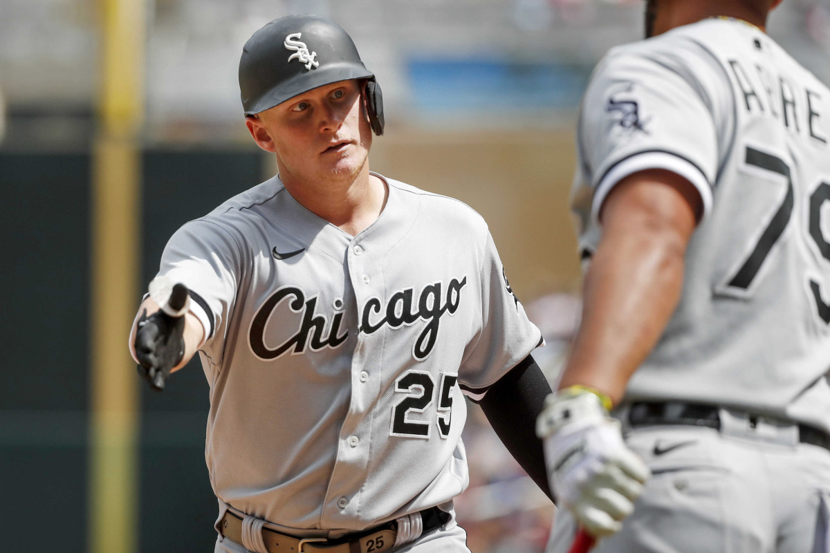 Jul 17, 2022; Minneapolis, Minnesota, USA; Chicago White Sox first baseman Andrew Vaughn (25) celebrates his solo home run against the Minnesota Twins in the seventh inning at Target Field.