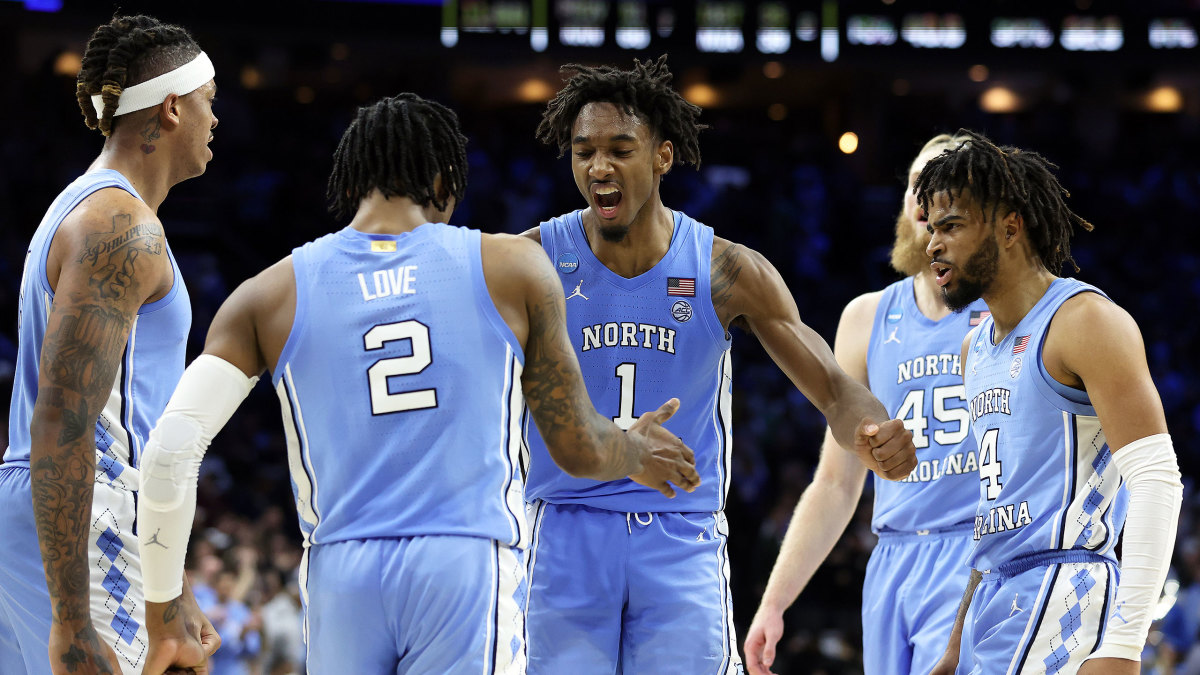 UNC players celebrate during an NCAA tournament game