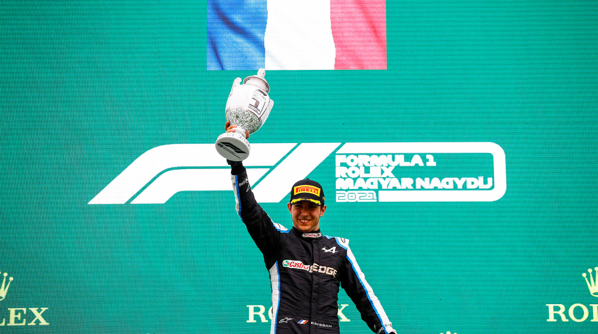 Esteban Ocon celebrates his win during the Formula 1 Magyar Nagydij 2021, Hungarian Grand Prix, 11th round of the 2021 FIA Formula One World Championship.