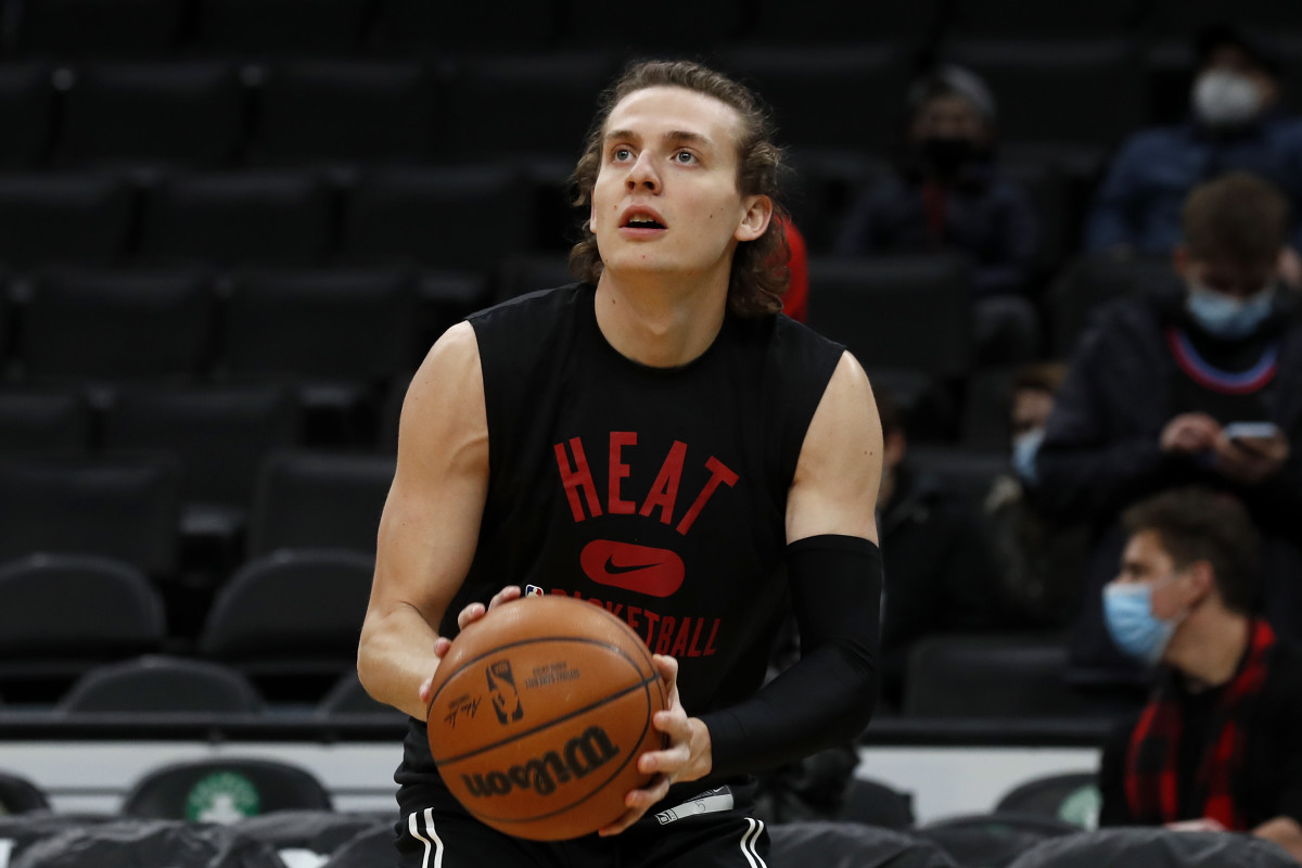 Miami Heat guard Kyle Guy (5) warms-up before their game against the Boston Celtics at TD Garden.