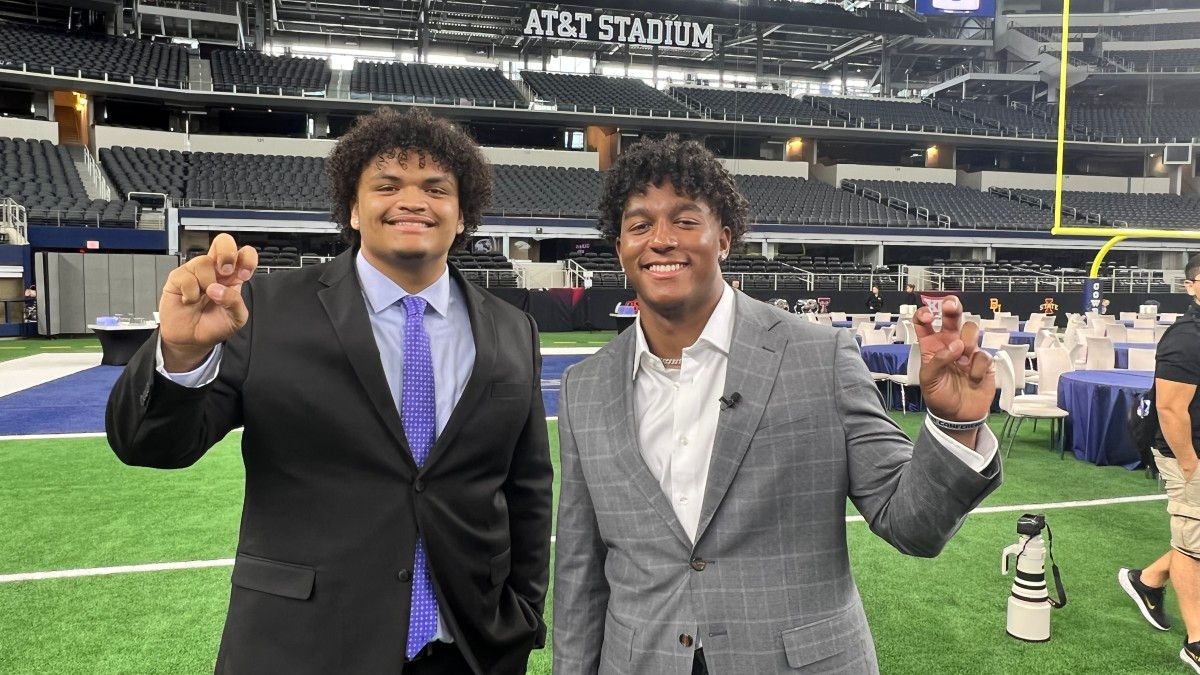 Steve Avila, TCU center, and Dee Winters, linebacker, at 2022 Big 12 Media Days