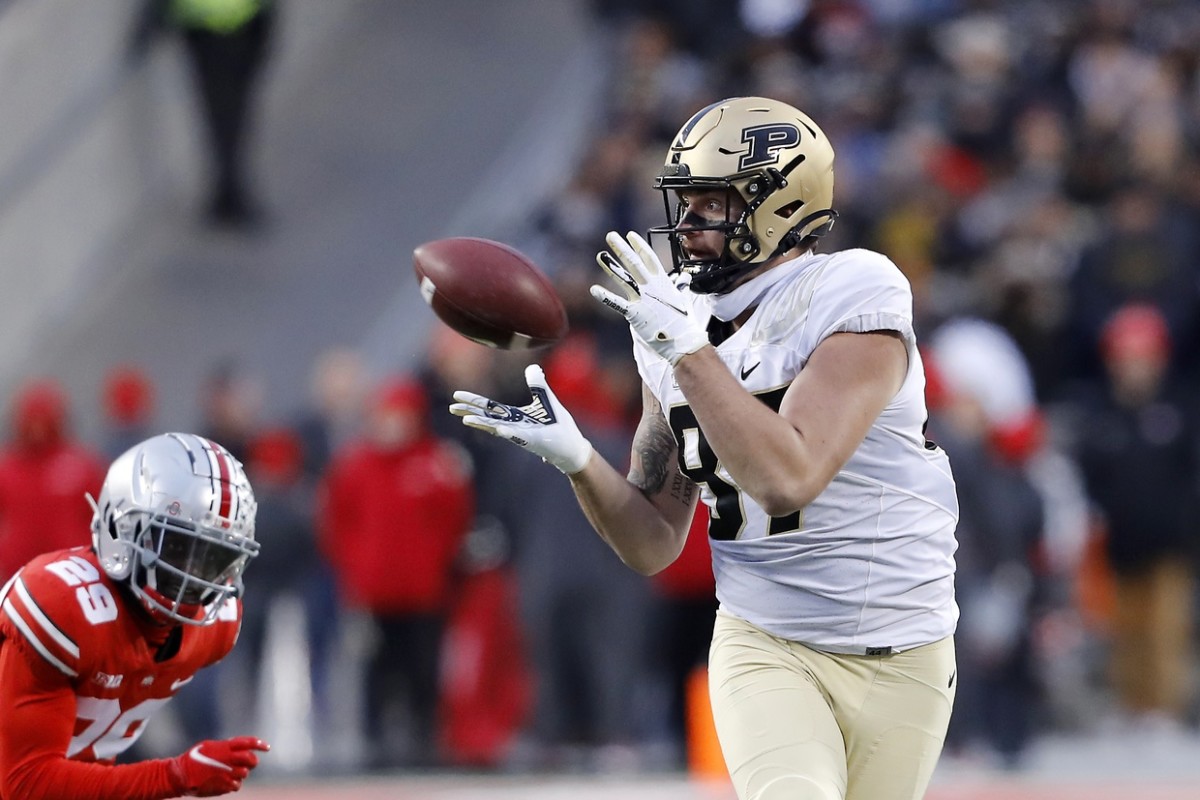 Nov 13, 2021; Columbus, Ohio, USA; Purdue Boilermakers tight end Payne Durham (87) makes the catch during the second quarter against the Ohio State Buckeyes at Ohio Stadium.