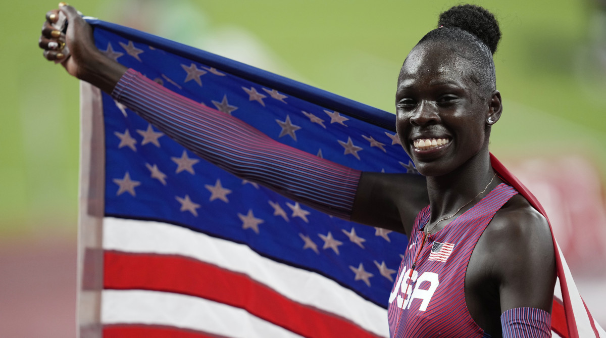 Gold medalist Athing Mu (USA) reacts after the women's 800m final during the Tokyo 2020 Olympic Summer Games at Olympic Stadium.