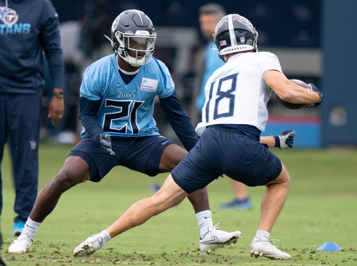 Tennessee Titans cornerback Roger McCreary tracks down wide receiver Kyle Phillips (18) during practice at Saint Thomas Sports Park Tuesday, May 24, 2022, in Nashville, Tenn. Nas Titans Ota 013