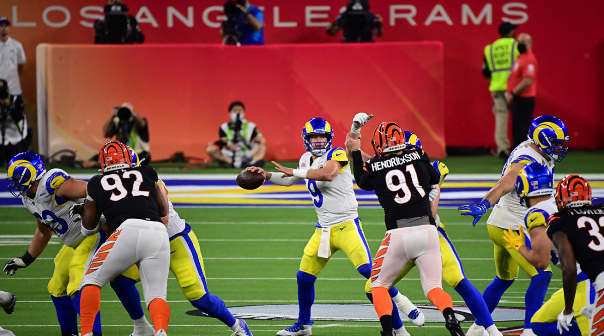 Matt Stafford throws a passing during the fourth quarter of Super Bowl LVI.