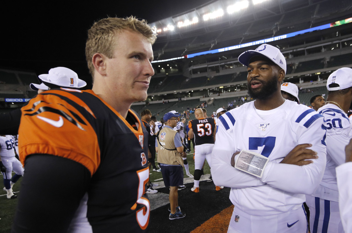 A pair of NC State transfers: As a professional while with the Cincinnati Bengals, Ryan Finley met postgame with fellow NC State alum, and the quarterback he replaced, Jacoby Brissett, then of the Indianapolis Colts.