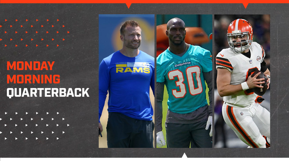 Separate photos of Sean McVay at a summer practice, Jason McCourty on the Dolphins and Baker Mayfield on the Browns.