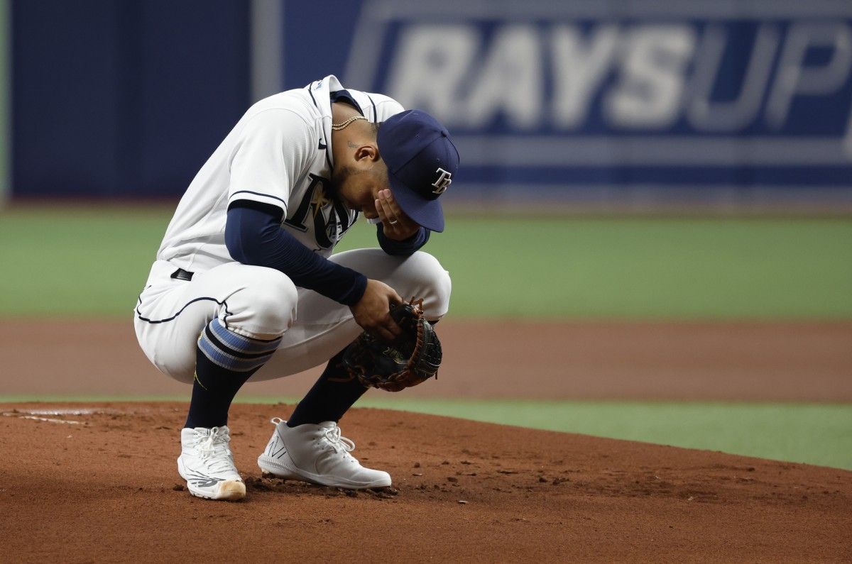 Tampa Bay Rays starting pitcher Luis Patino (1) reacts after an apparent injury during the first inning against the Oakland Athletics at Tropicana Field in April. (Kim Klement-USA TODAY Sports)